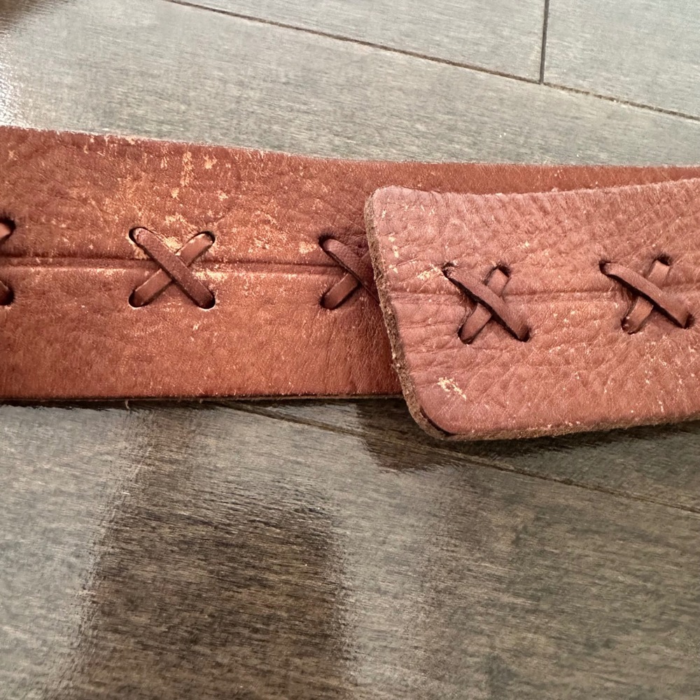 Eddie Bauer Leather Woven Stitch Belt Double Prong Western Festival Brown XL - Picture 4 of 5
